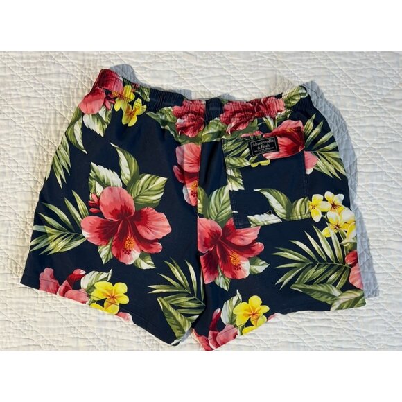 Abercrombie Fitch Mens Swimsuit Medium Navy Pink Floral Hawaiian Board Shorts - Picture 5 of 12
